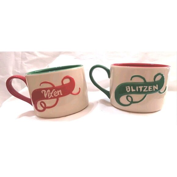 Blitzen & Vixen Christmas Holiday Coffee Tea Mugs Set Pair Funny Couple Gift - Picture 1 of 8